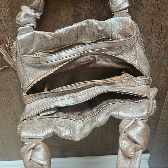 Cole Haan Metallic Beige Leather Pleated Hobo Purse Tassel - Picture 5 of 16